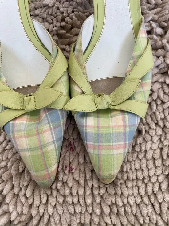 Etienne Aigner Pastel Plaid Pointed-Toe Mules with Lime Bow - Picture 2 of 4